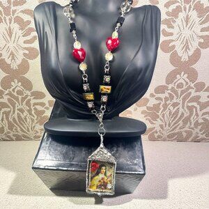Handcrafted St Teresa Glass Shadow Box Pendant & Artisan Metalwork & Necklace